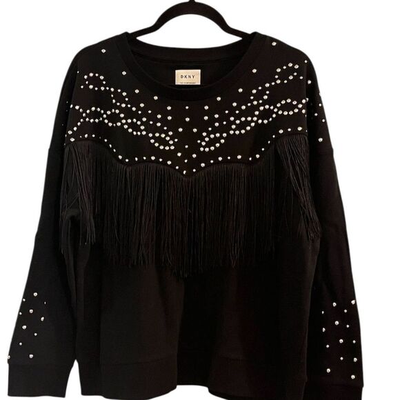 DKNY Tops - DKNY Women's Black Crew Neck Sweatshirt L Studded Fringe Detail Western Cowgirl